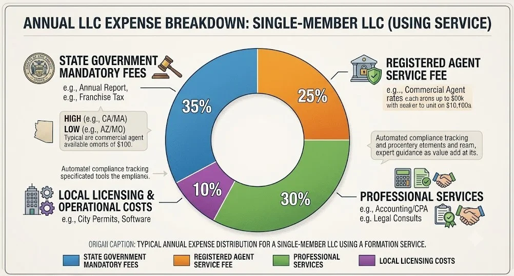 A pie chart breaking down the annual costs of owning an LLC including state fees, registered agent, accounting, and licenses