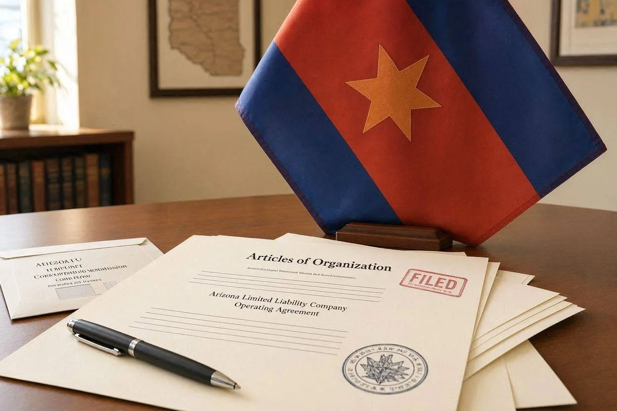 Arizona state flag and business documents representing LLC formation in Arizona.