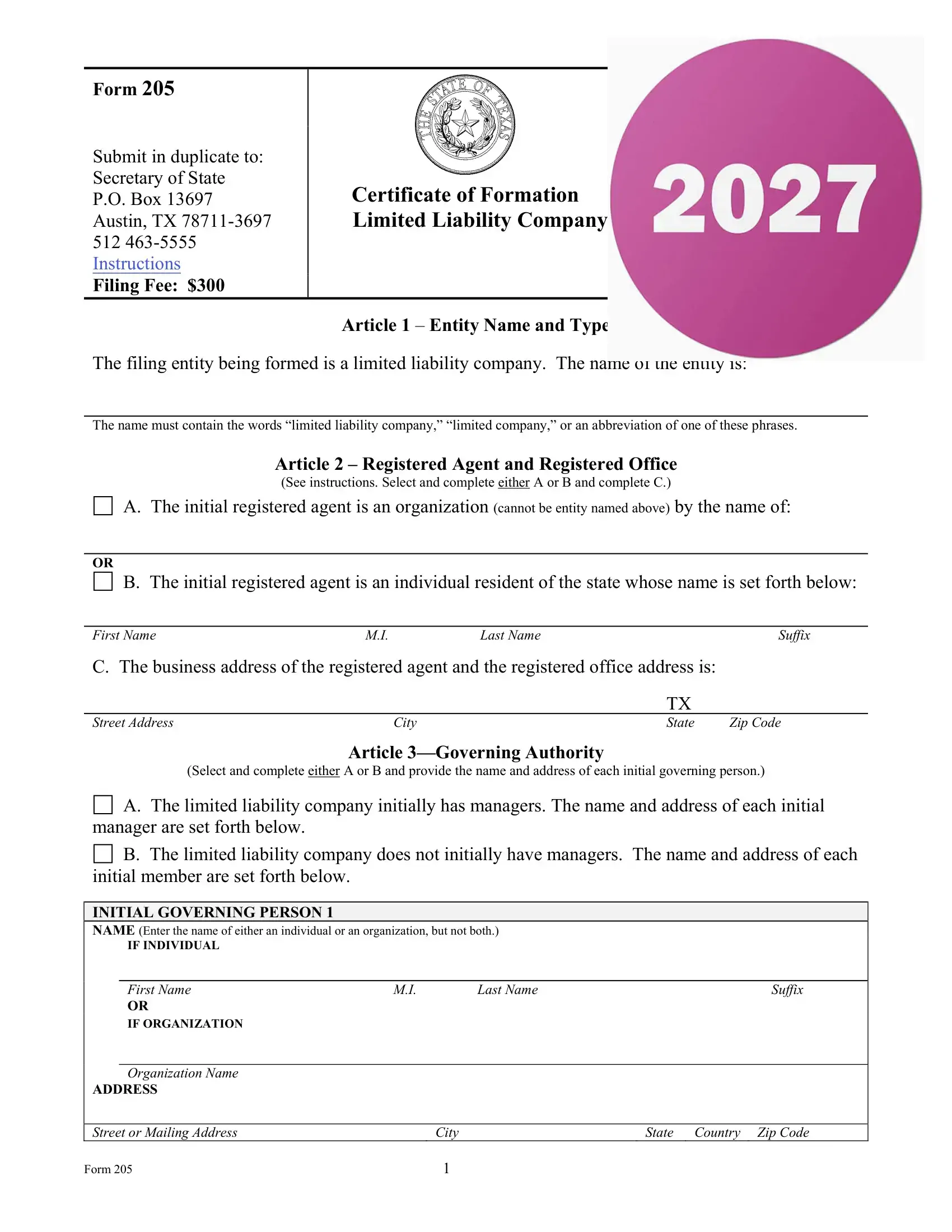 Articles of Organization sample form with all fields completed and signed