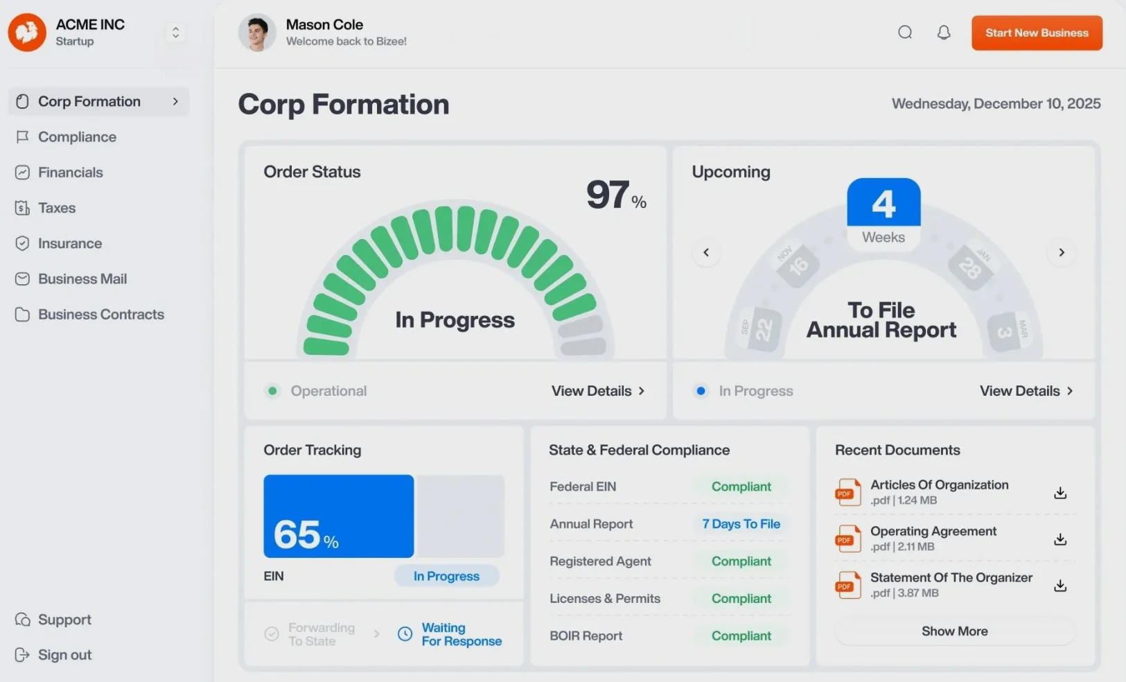 A screenshot of the Bizee user dashboard showing formation status and compliance alerts.