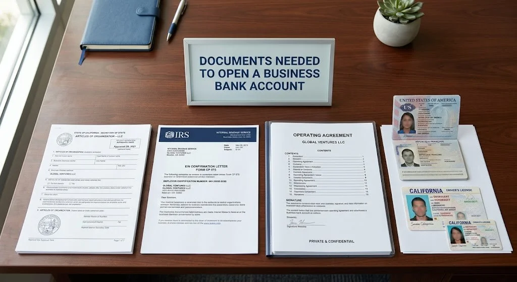 A collection of documents needed to open a business bank account: Articles of Organization, EIN letter, operating agreement, and IDs.