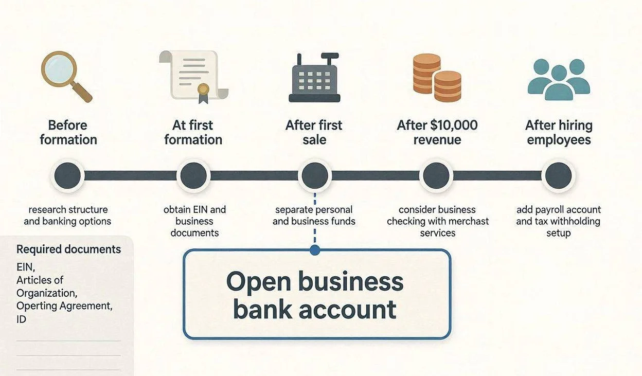 A timeline showing when to open a business bank account relative to business formation and revenue milestones.