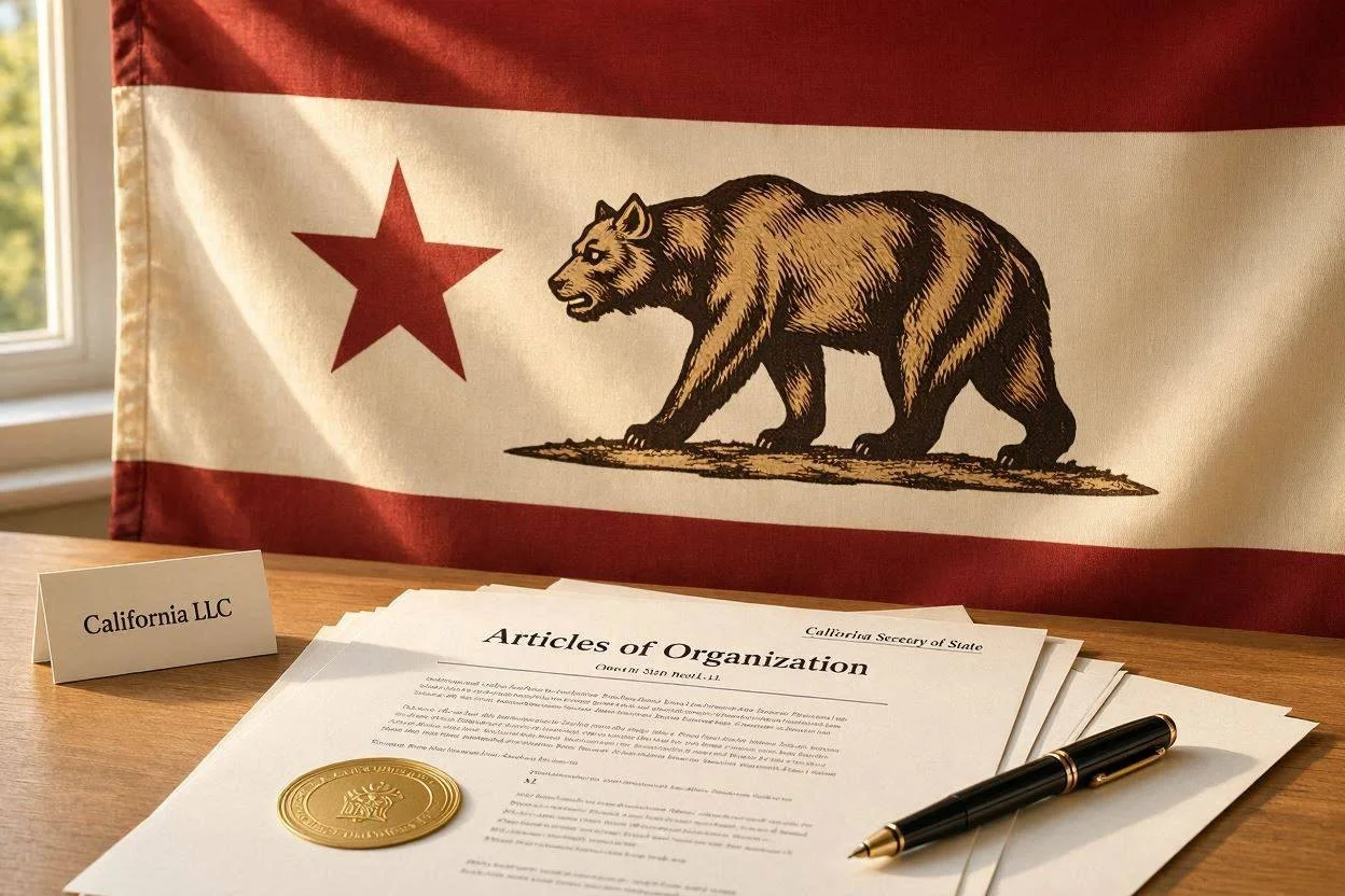 California state flag and business documents representing LLC formation in California.