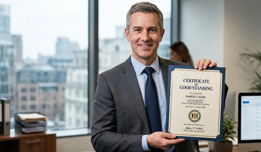 A sample Certificate of Good Standing document from a Secretary of State office showing the official seal.