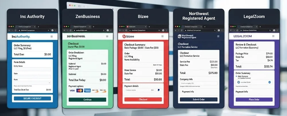 A comparison of checkout screens from Inc Authority, ZenBusiness, Bizee, Northwest, and LegalZoom showing upsell pressure.