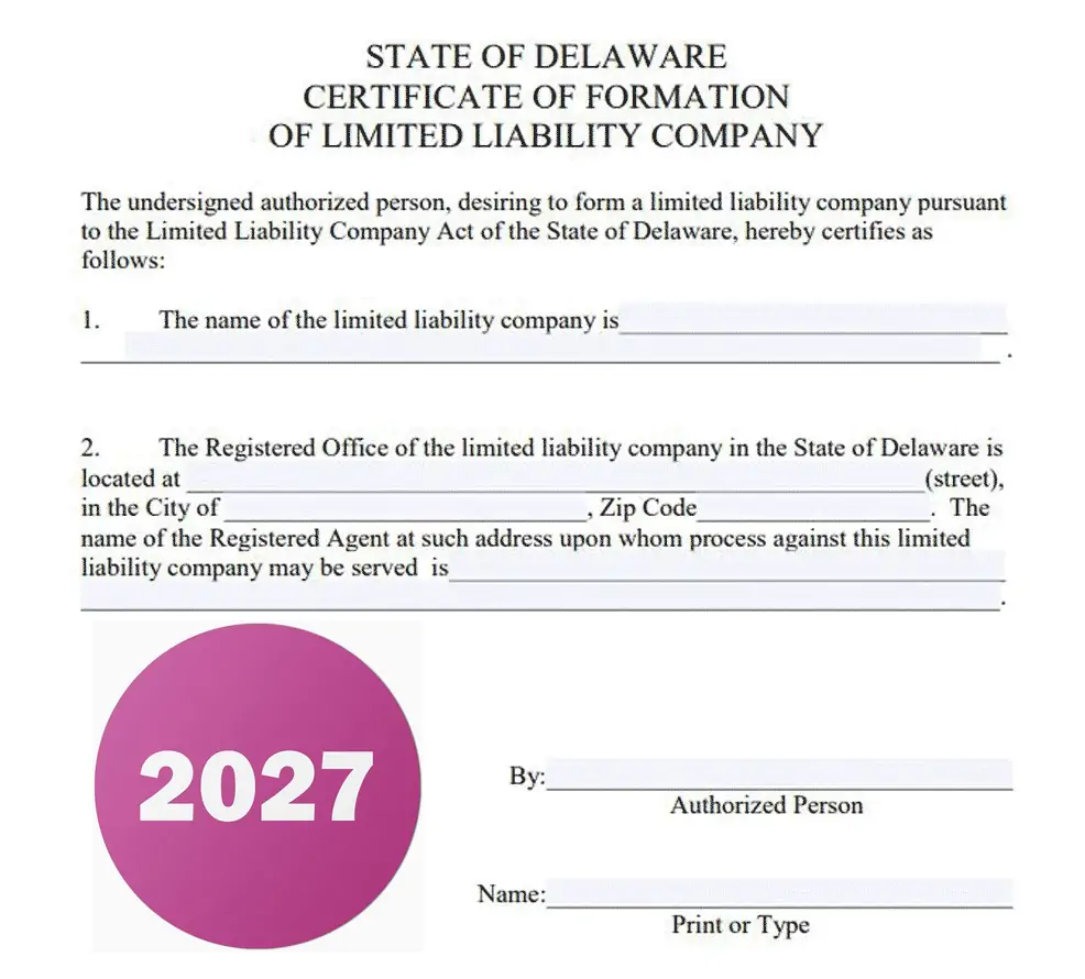 Delaware Certificate of Formation sample form filled in and ready to file