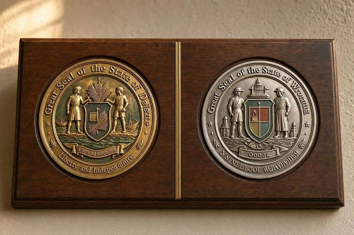 A side-by-side comparison of Delaware and Wyoming state seals representing the two leading LLC formation states.