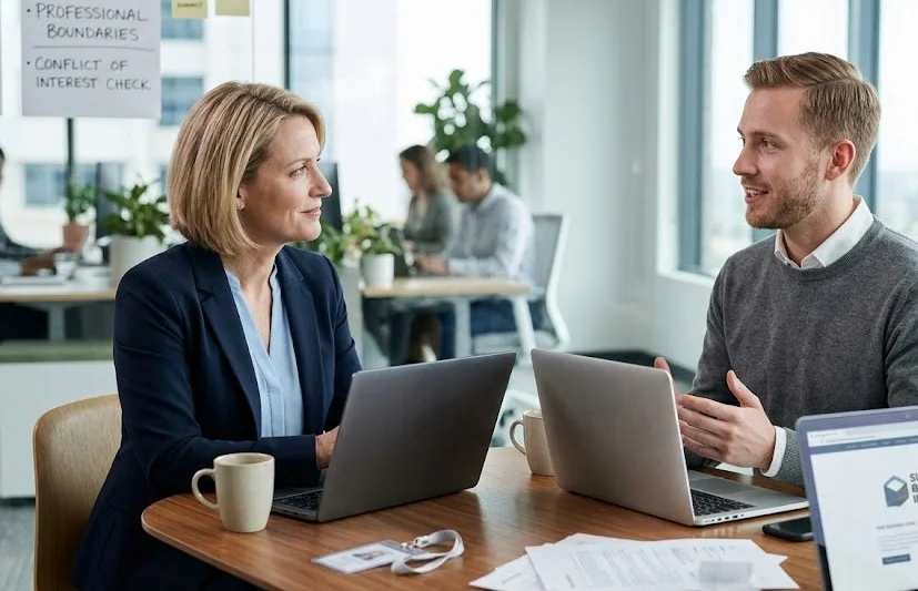 An employee and manager having a professional conversation about a side business.