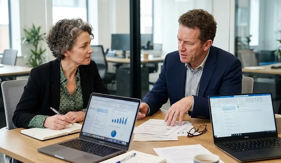 Two business partners having a serious conversation across a table with papers and laptops.