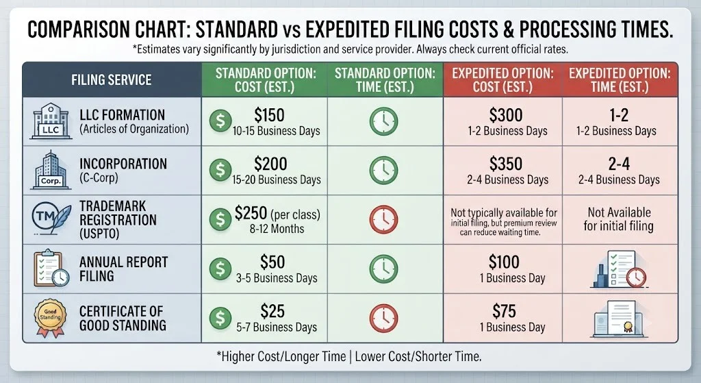 A comparison chart showing standard vs expedited filing costs and processing times for various services.