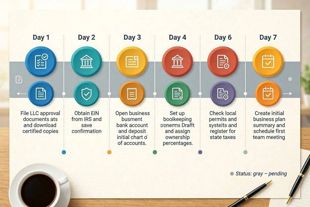 A 7-day timeline showing key tasks for the first week after LLC approval.