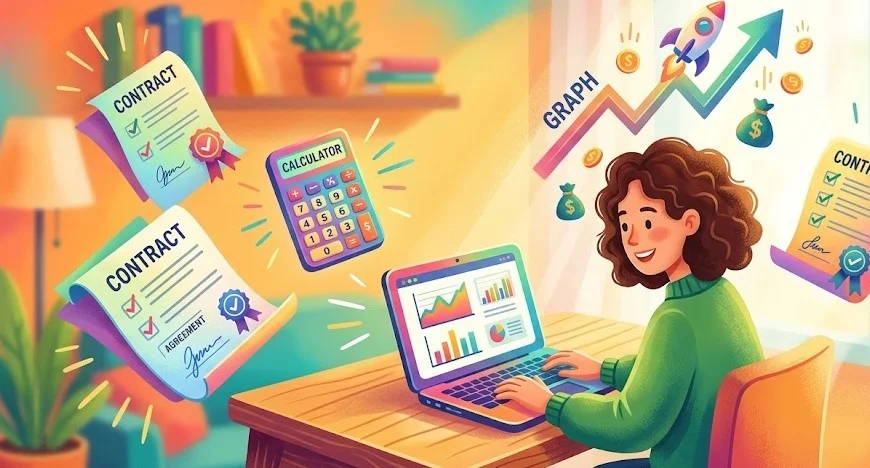 A freelancer working from a laptop with financial documents nearby, symbolizing the transition from sole proprietorship to LLC.