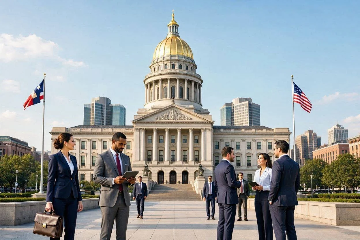 The Georgia state capitol building and peach symbol representing Georgia's business environment.