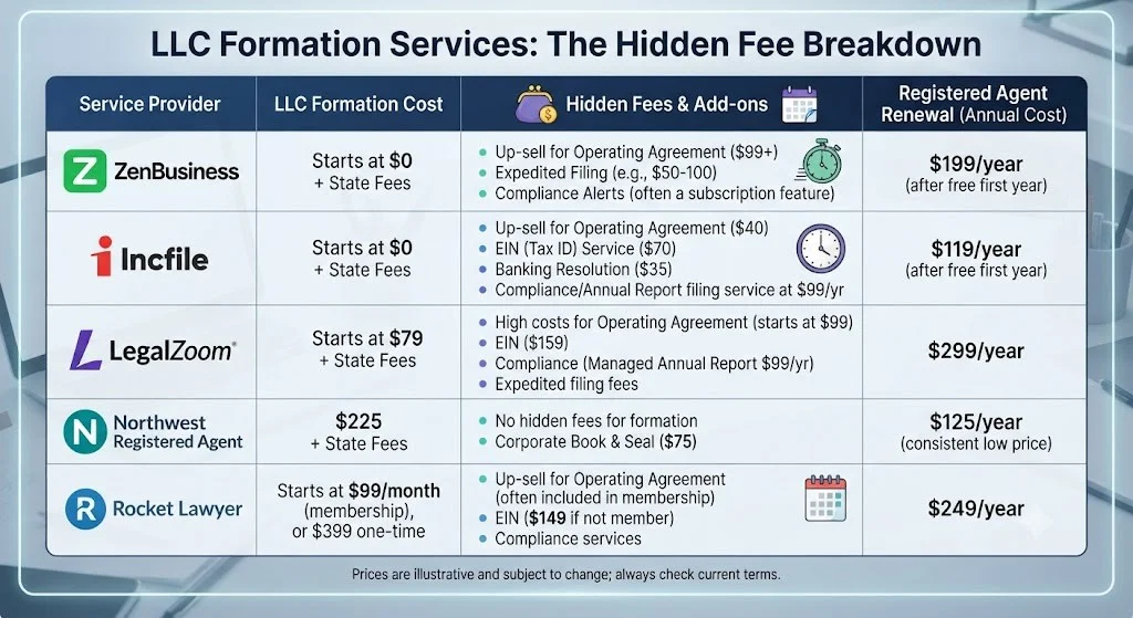 A comparison chart showing hidden fees across LLC formation services including registered agent renewals and add-on costs.