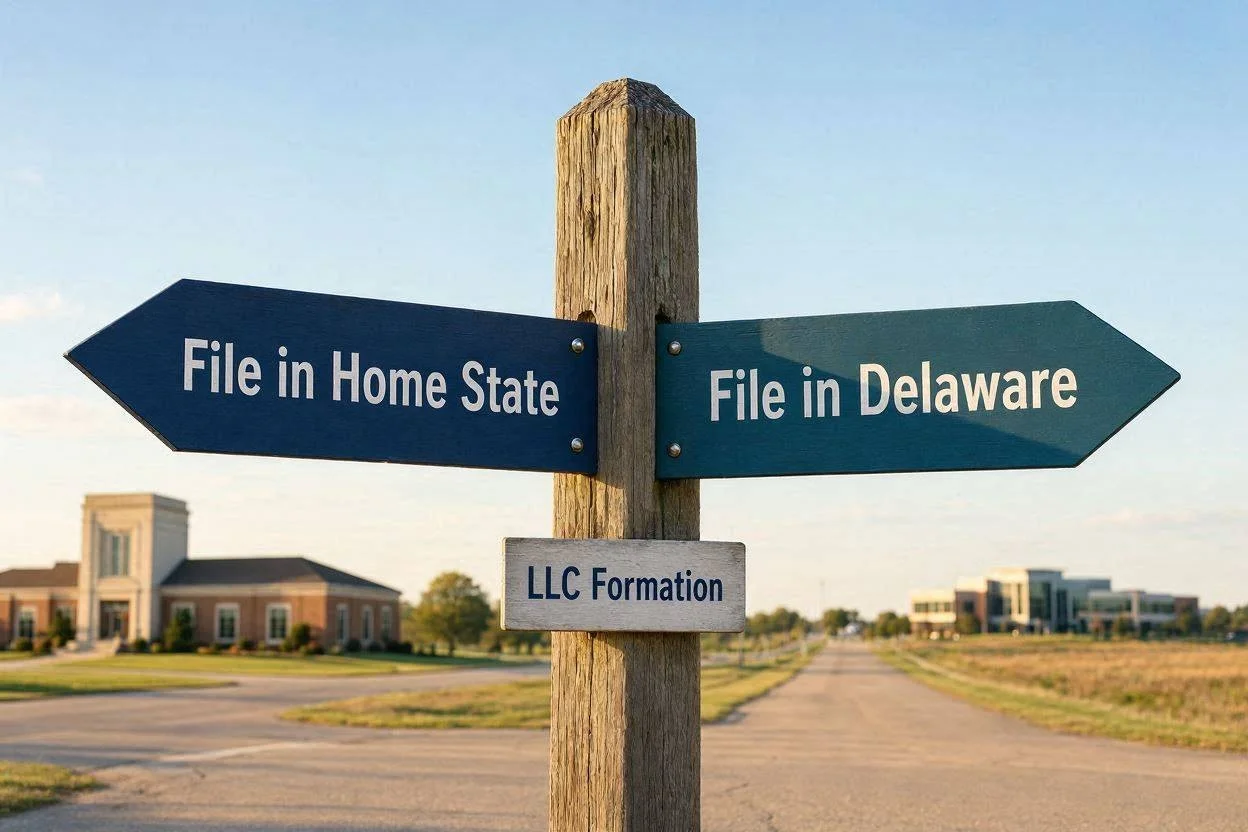 A crossroads sign showing a choice between filing in your home state or Delaware for LLC formation.