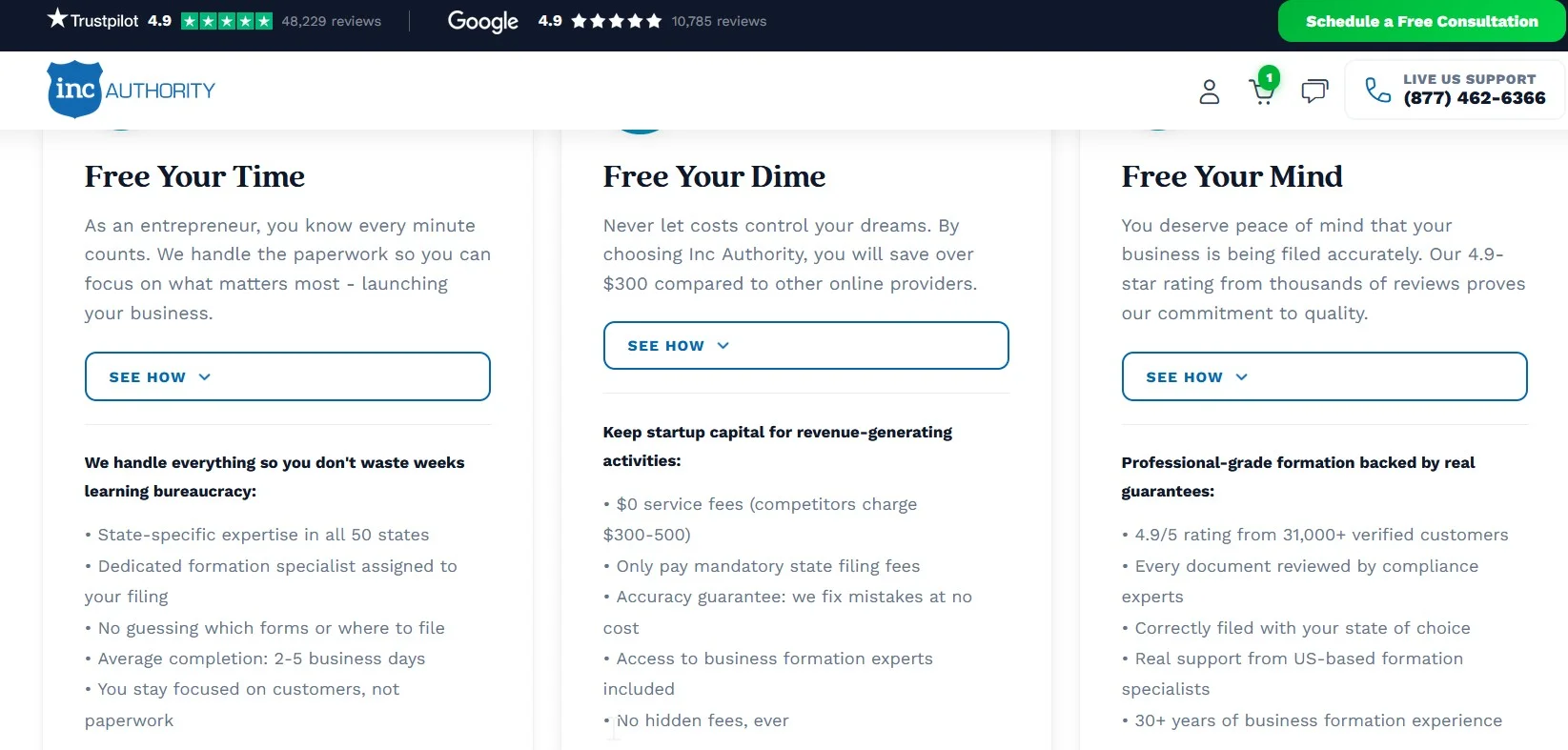 A screenshot showing the Inc Authority checkout process with upsell offers and countdown timers.
