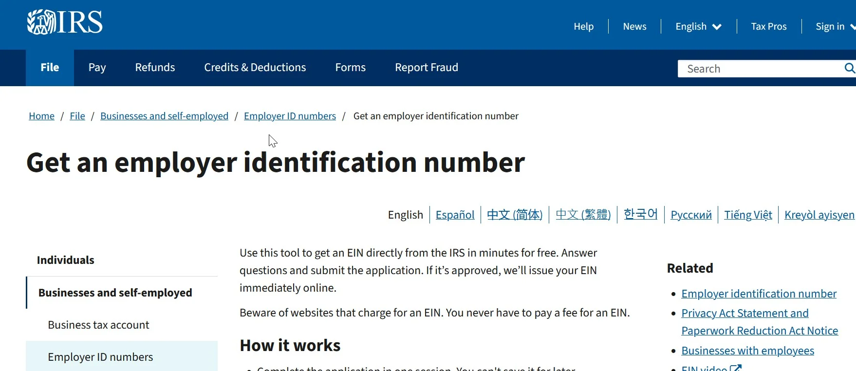 A screenshot of the IRS EIN online application portal showing the free application process.
