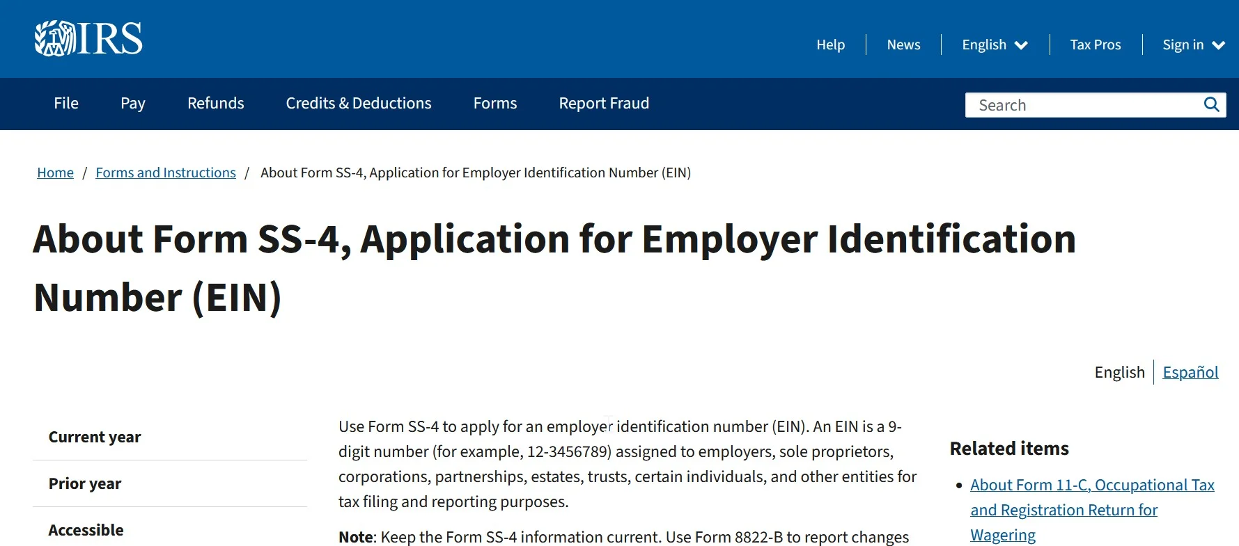 A screenshot of the IRS EIN application page showing the free online application process.