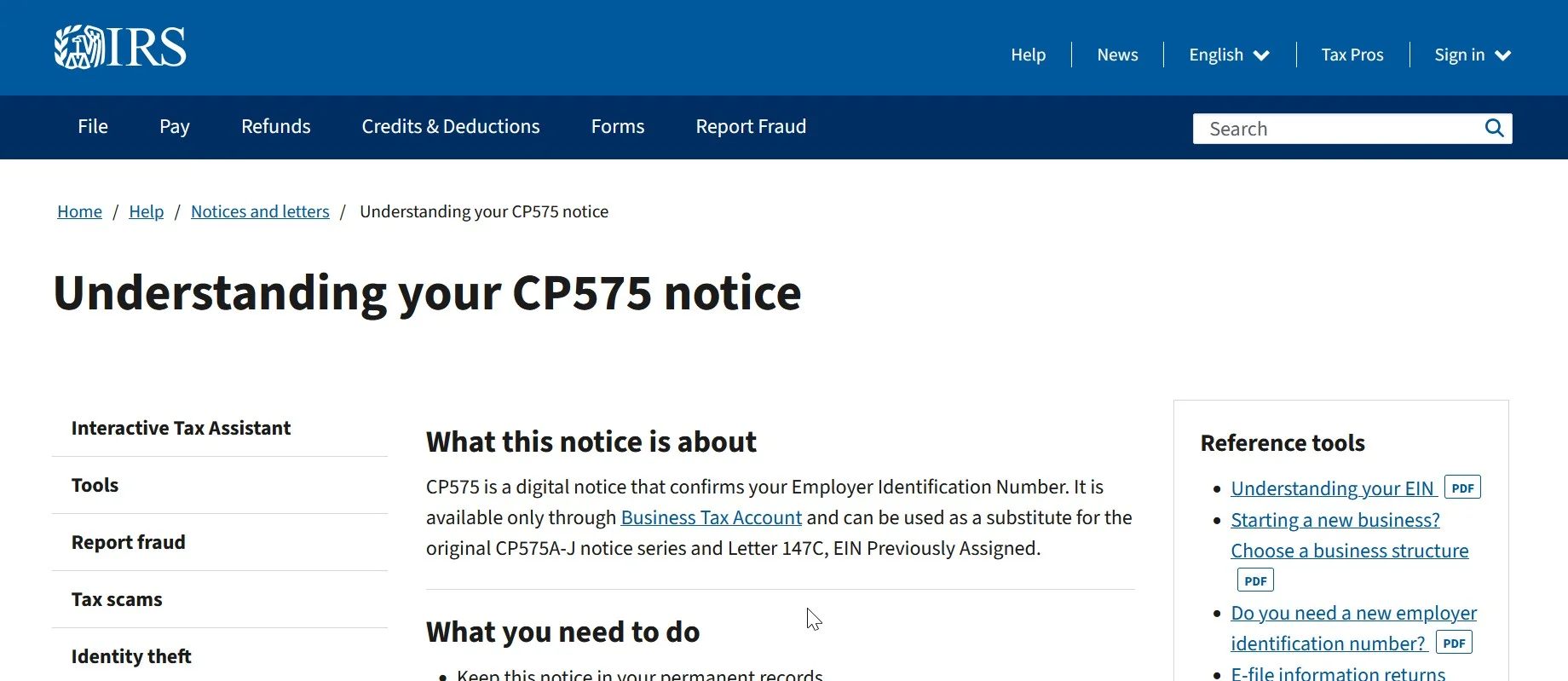 A sample IRS CP 575 EIN confirmation letter showing the nine-digit employer identification number.
