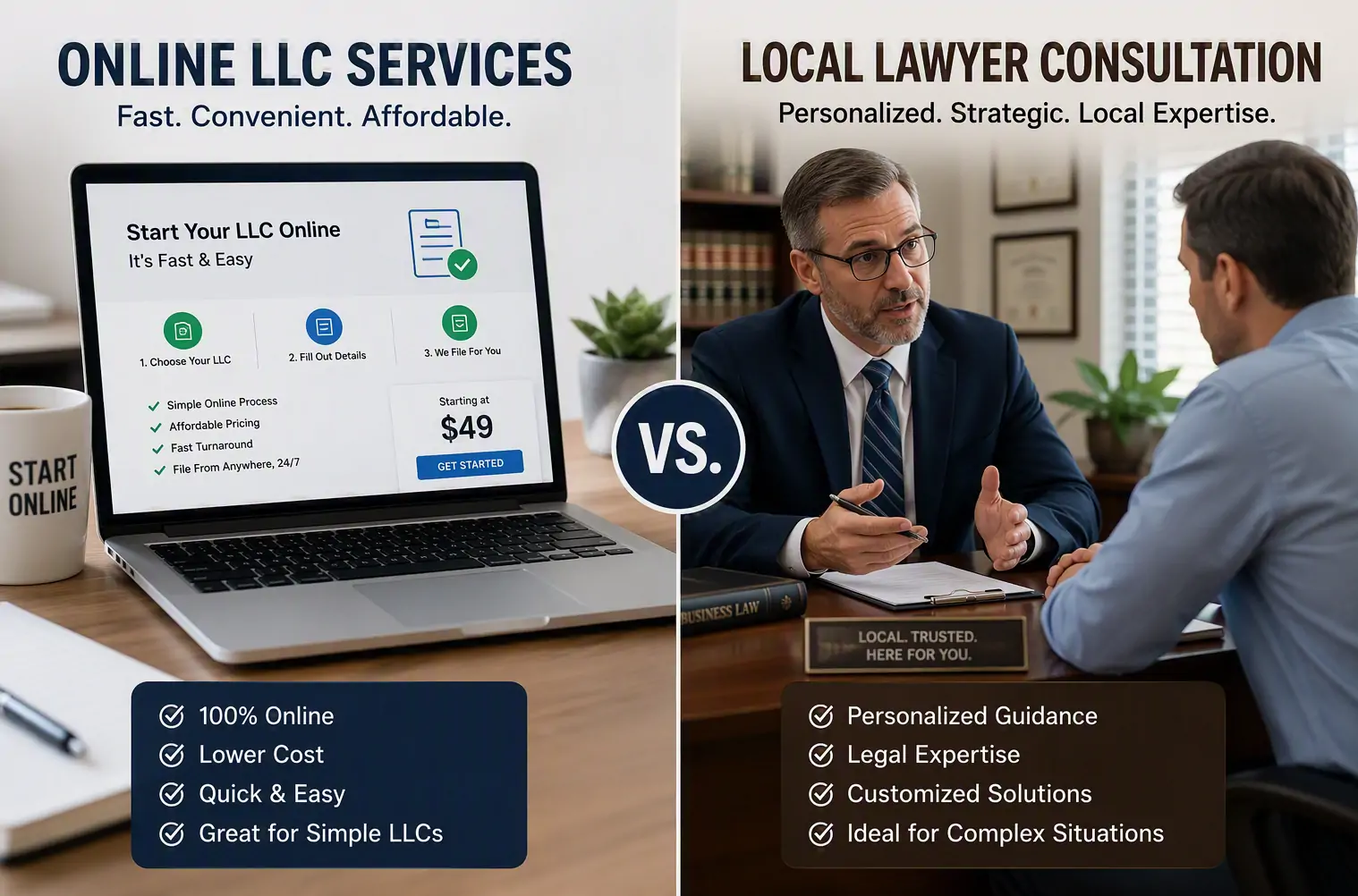 A comparison chart showing online LLC services versus a local lawyer consultation.