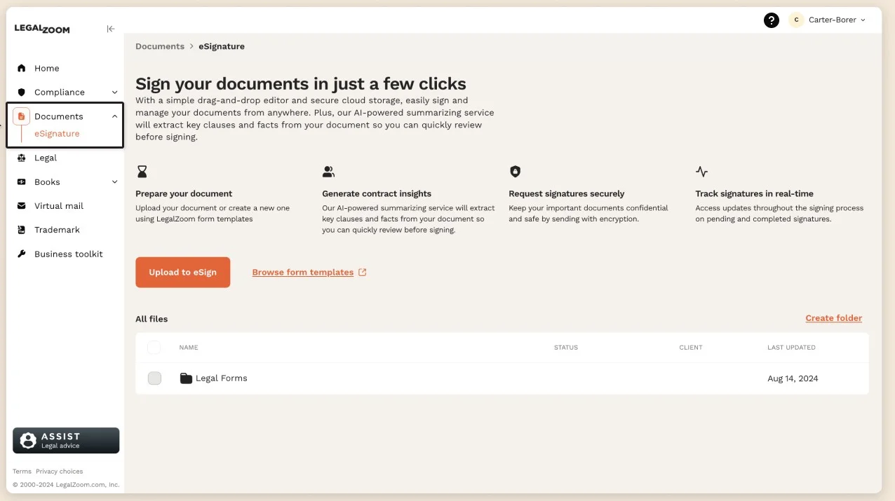 A screenshot of the LegalZoom user dashboard showing formation status and attorney consultation options.