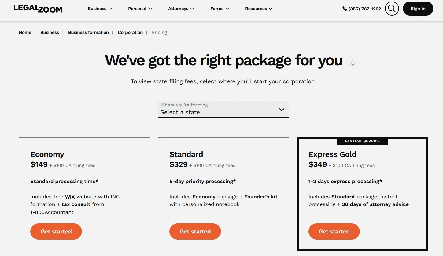 A comparison chart showing LegalZoom's pricing versus competitors like Inc Authority and ZenBusiness.