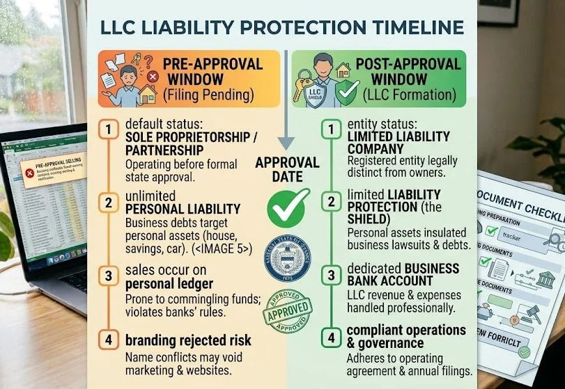 A timeline showing the difference between pre-approval sole proprietorship status and post-approval LLC liability protection.