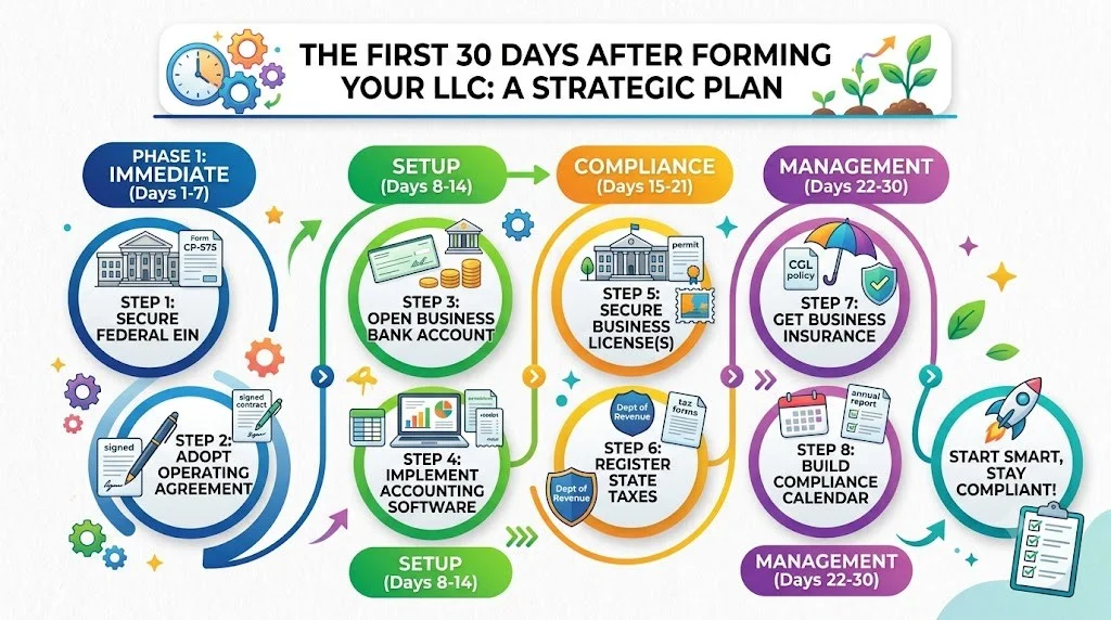A checklist notebook showing a 30-day timeline for LLC compliance tasks.