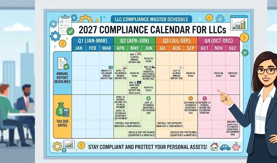 A compliance calendar showing annual report deadlines and tax due dates for LLCs.