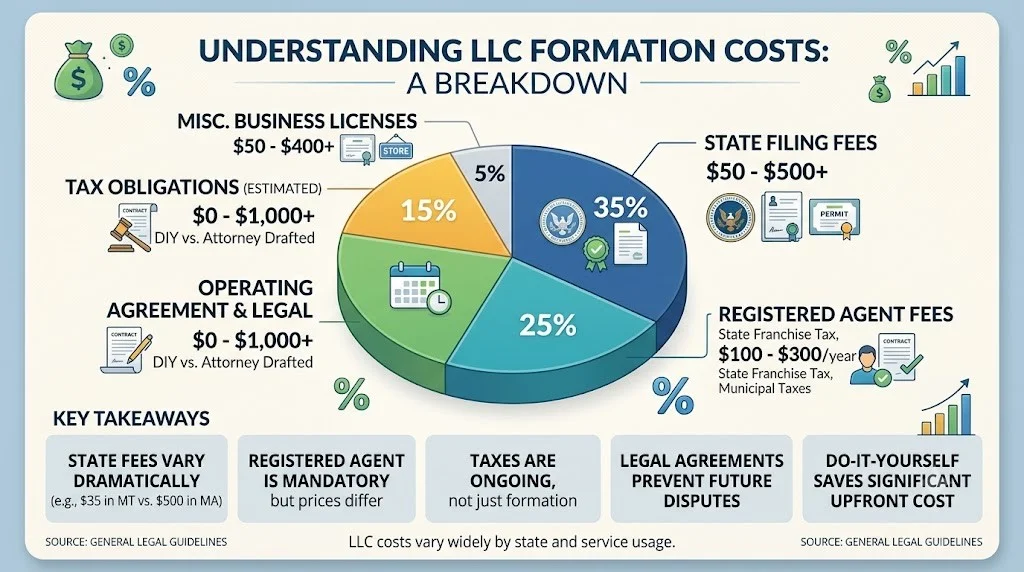A detailed chart breaking down the true first-year costs of an LLC including state fees, registered agent, local licenses, and infrastructure costs
