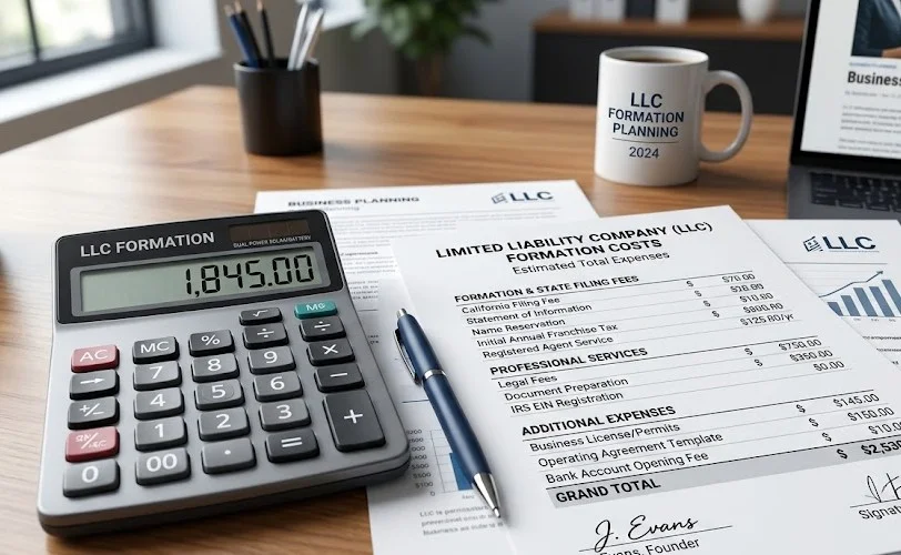 A calculator and financial documents representing the costs of forming an LLC.