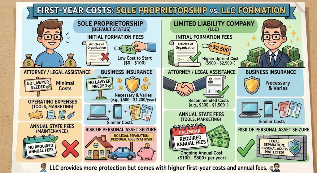 A detailed chart breaking down the true first-year costs of an LLC beyond just the state filing fee
