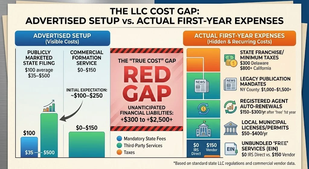 A financial chart showing the gap between advertised LLC costs and actual first-year expenses.