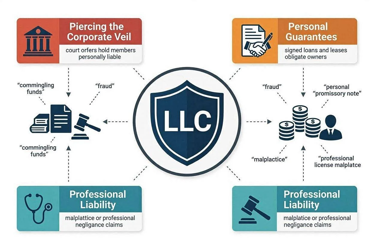 A diagram showing the limits of LLC liability protection including piercing the corporate veil, personal guarantees, and professional liability.