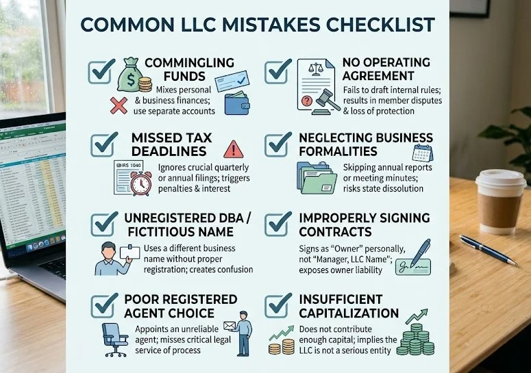 A checklist showing common LLC mistakes including commingling funds, no operating agreement, and missed tax deadlines.