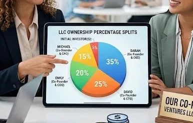 A pie chart showing different LLC ownership percentage splits among co-founders.