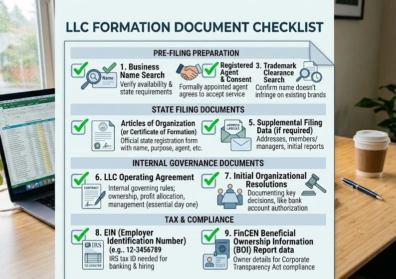 A checklist of required documents for forming an LLC including name search, registered agent consent, and operating agreement.