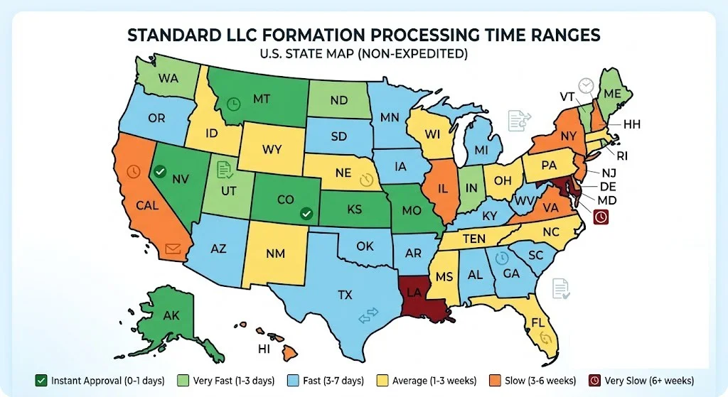 A US map showing LLC processing time ranges from instant approval to 6+ weeks.