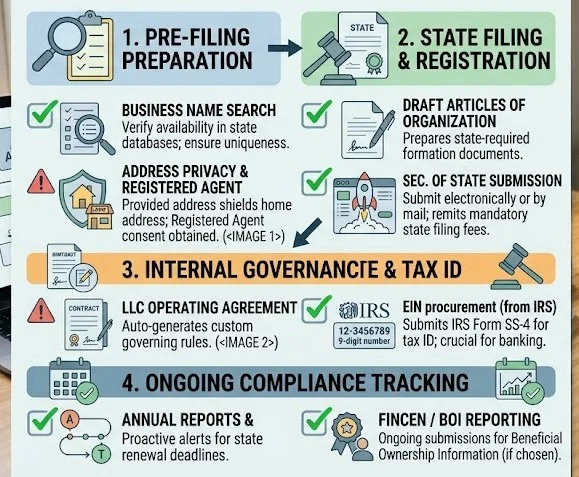 A diagram showing the workflow of an LLC formation service from name search to state filing and compliance tracking.