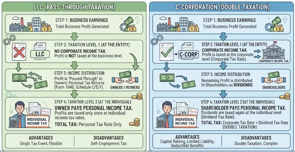 A comparison chart showing pass-through taxation for LLCs versus double taxation for C-corporations.