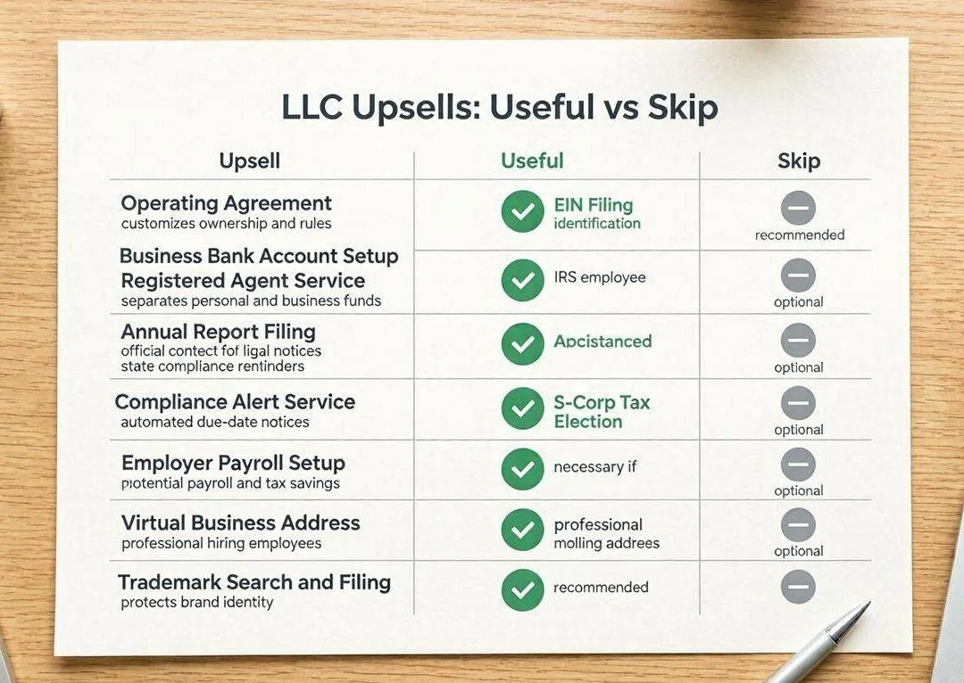 A comparison chart showing which LLC upsells are useful versus which ones you can skip.