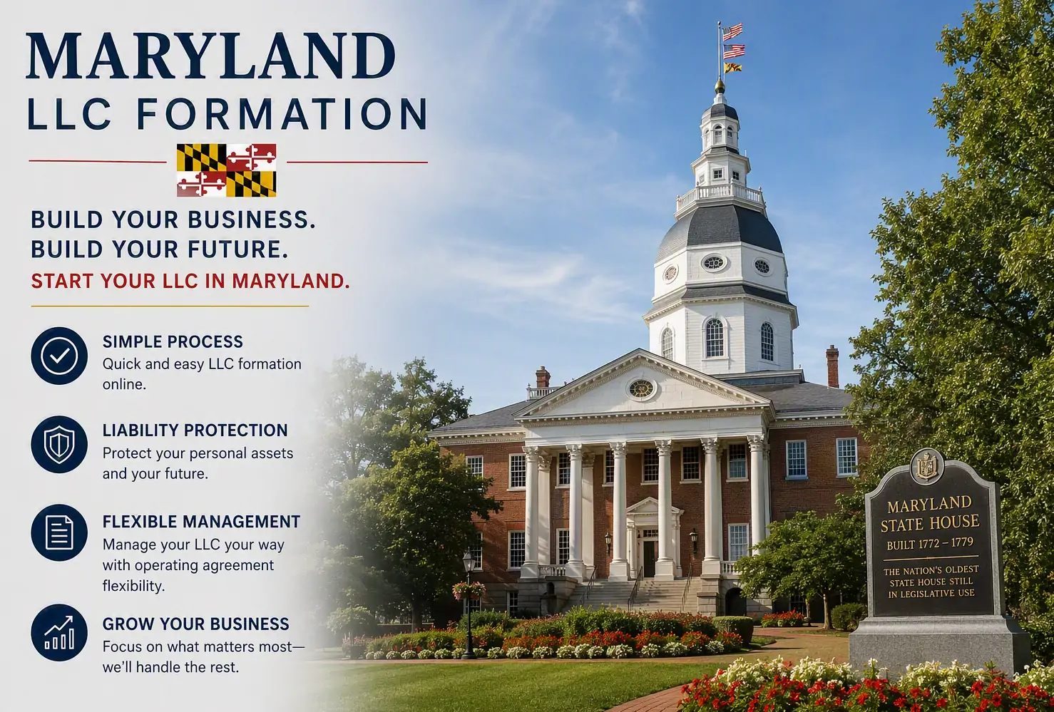 The Maryland State House in Annapolis, representing Maryland LLC formation.