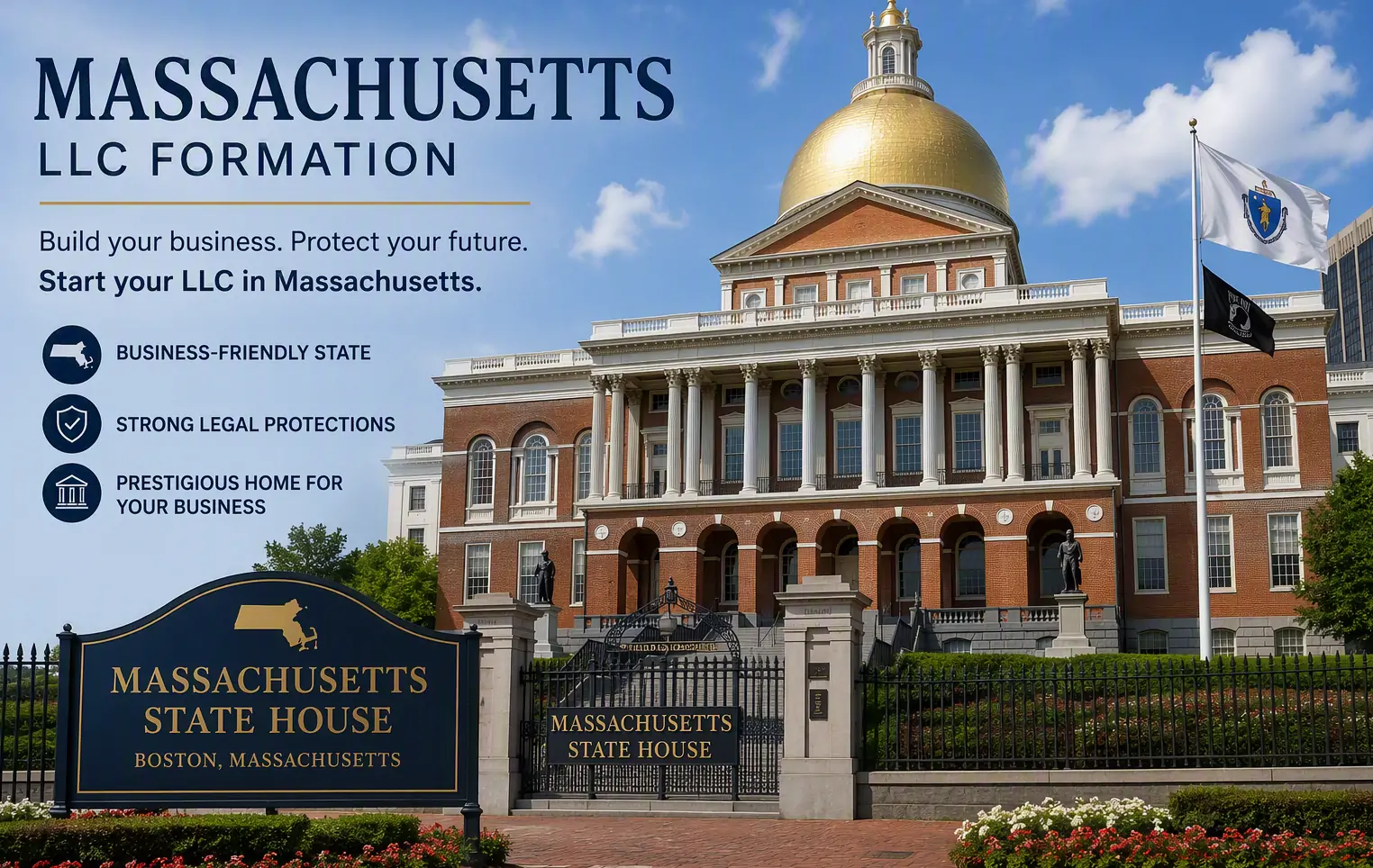 The Massachusetts State House in Boston, representing Massachusetts LLC formation.