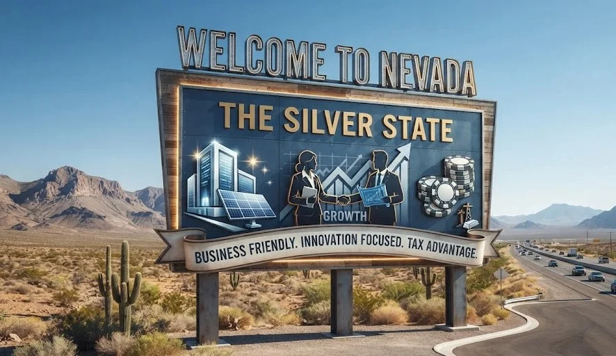 Welcome to Nevada state sign, symbolizing the state's business-friendly reputation