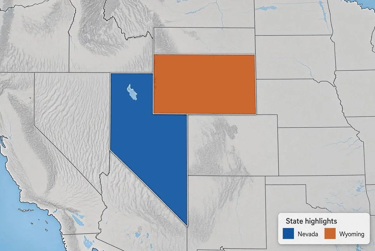 Map highlighting Nevada and Wyoming, the two states competing for LLC formations