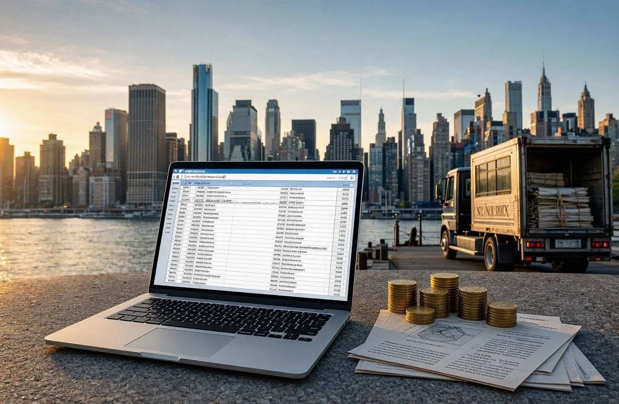 The New York City skyline, home to some of the most expensive newspaper publication costs for LLCs