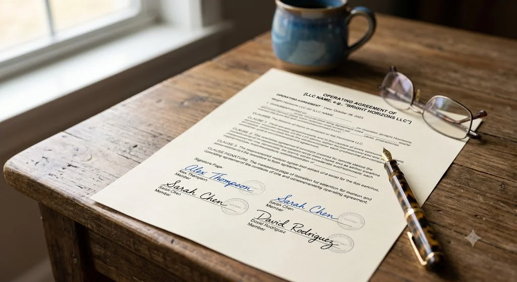 Close-up of a signed operating agreement document for an LLC.