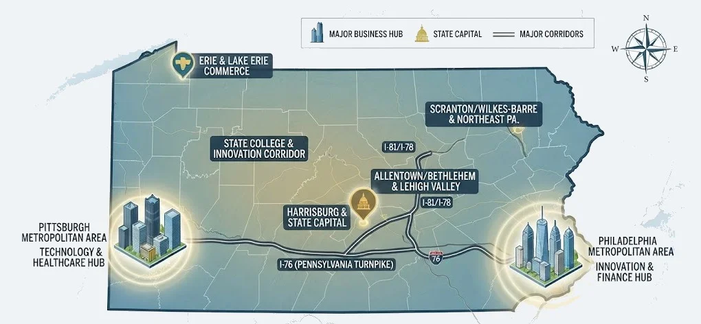 Map of Pennsylvania highlighting key business hubs like Philadelphia and Pittsburgh