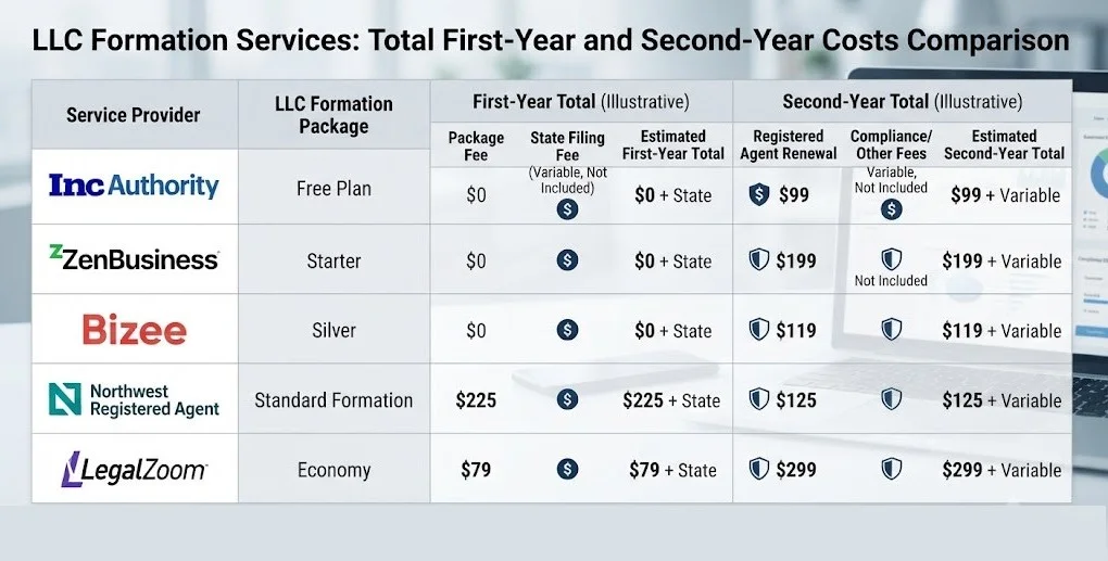 A chart comparing the total first-year and second-year costs of Inc Authority, ZenBusiness, Bizee, Northwest, and LegalZoom.