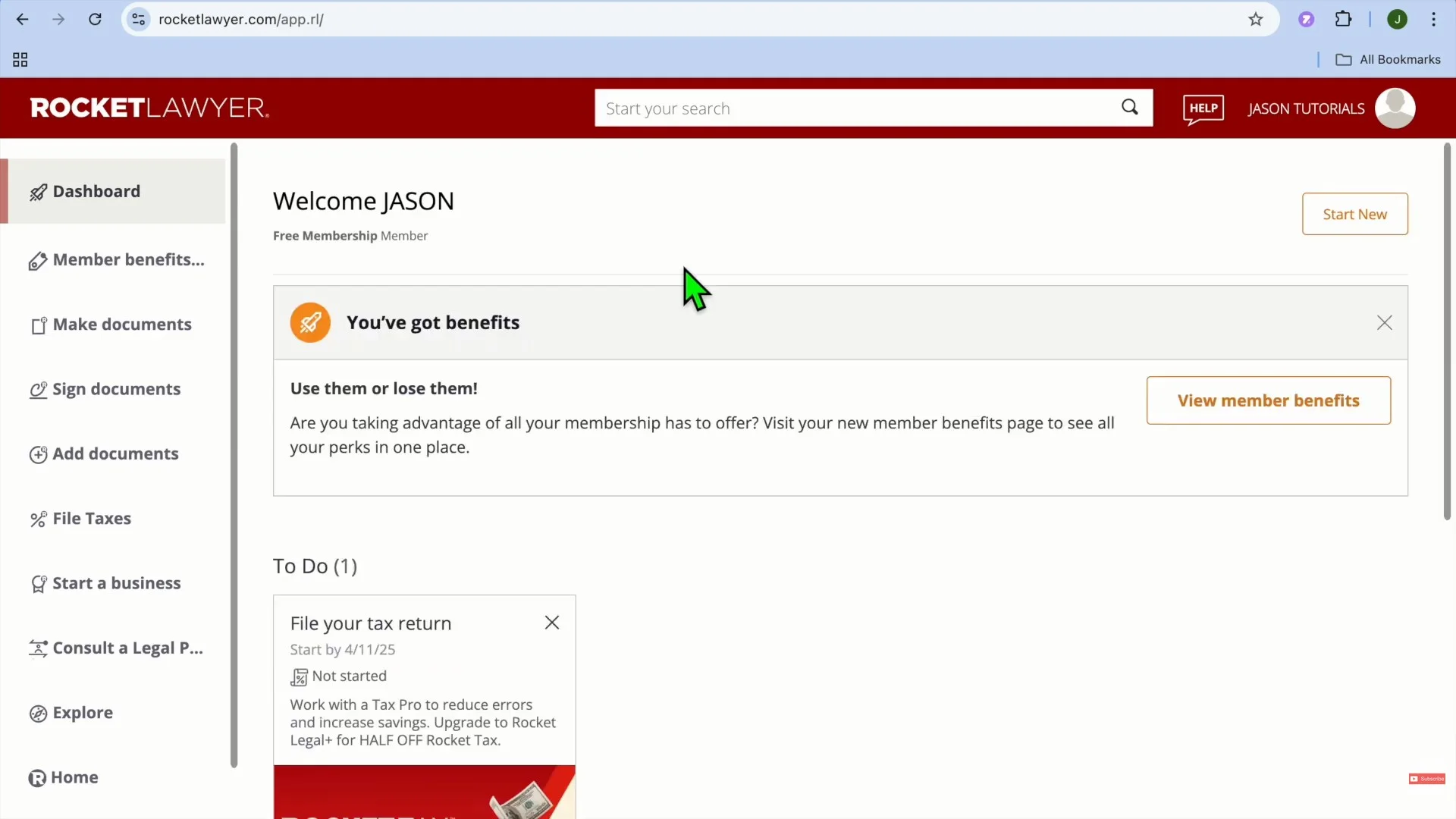 A screenshot of the Rocket Lawyer dashboard showing document management and attorney consultation options.